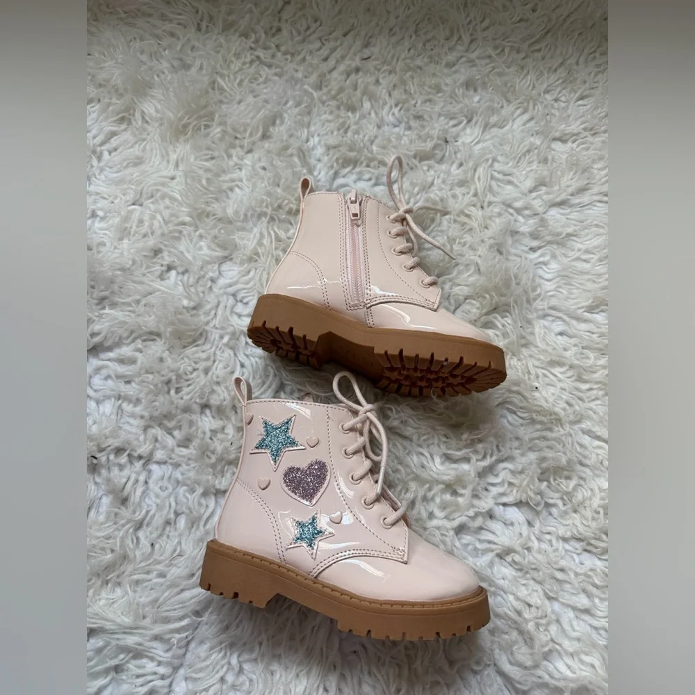 Kids Pink Star & Heart Lace-Up Boots